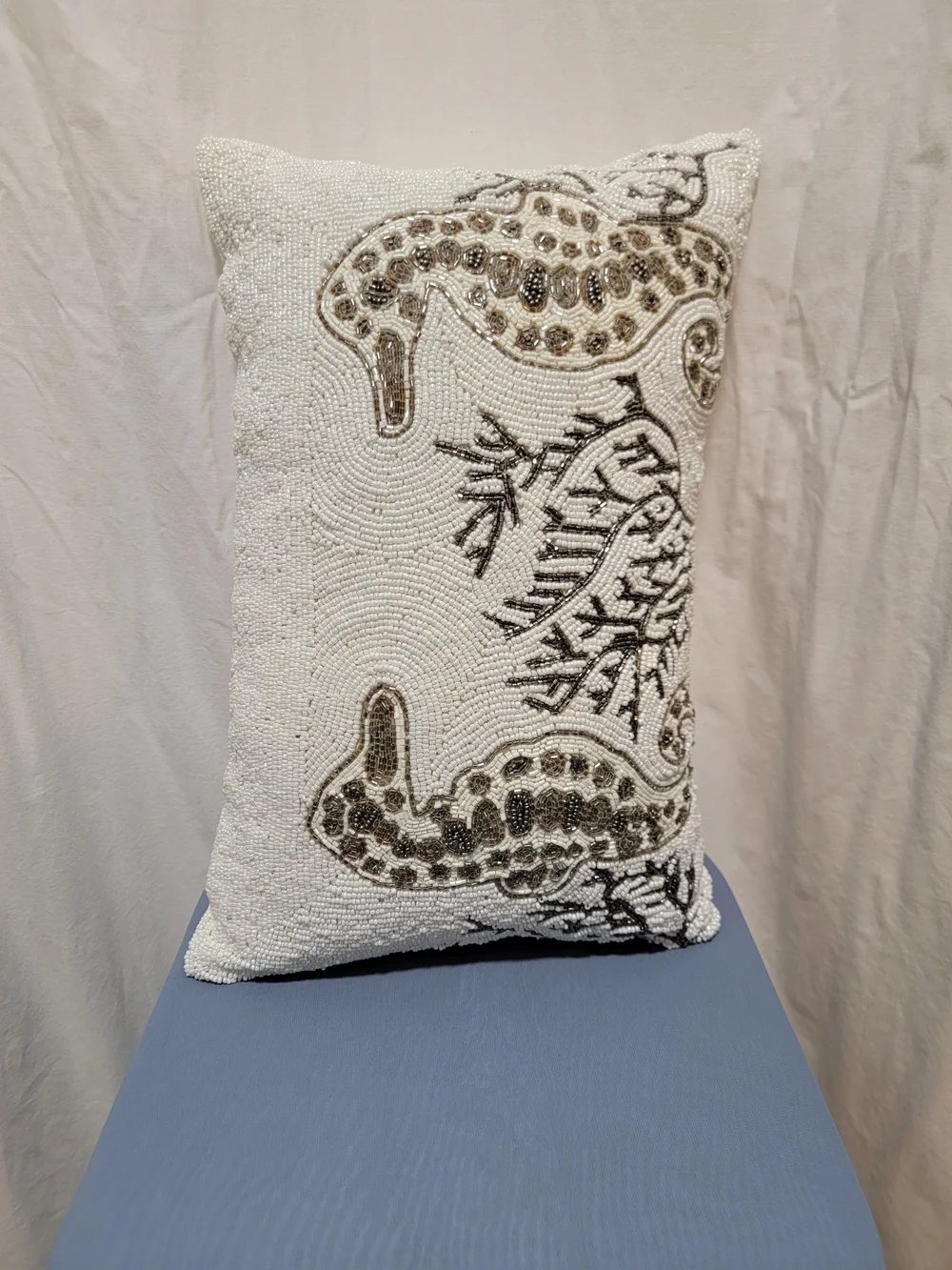 Beaded Seahorse Accent Pillow - White and Gold
